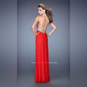 LA FEMME Red Strapless Prom Dress Gown Stretch Netting Thigh Leg Slit Size 6